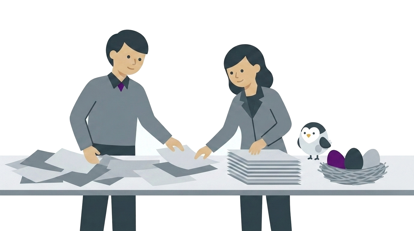 散らかった書類を一緒に整理し、整った情報が卵として巣に溜まるのを小鳥が見守るイラスト