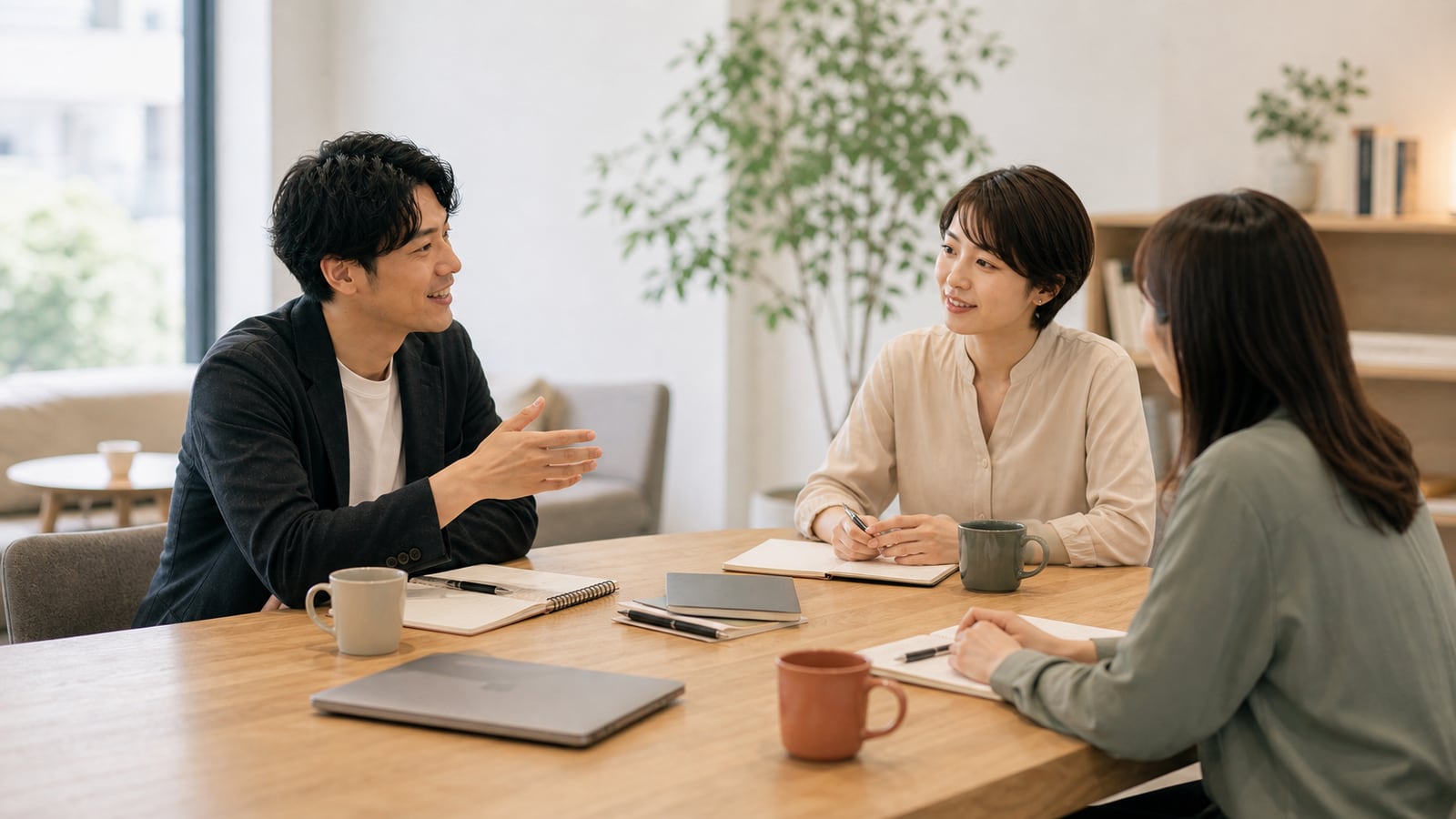 代表とメンバーがテーブルで仕事の進め方を話す採用面談の様子