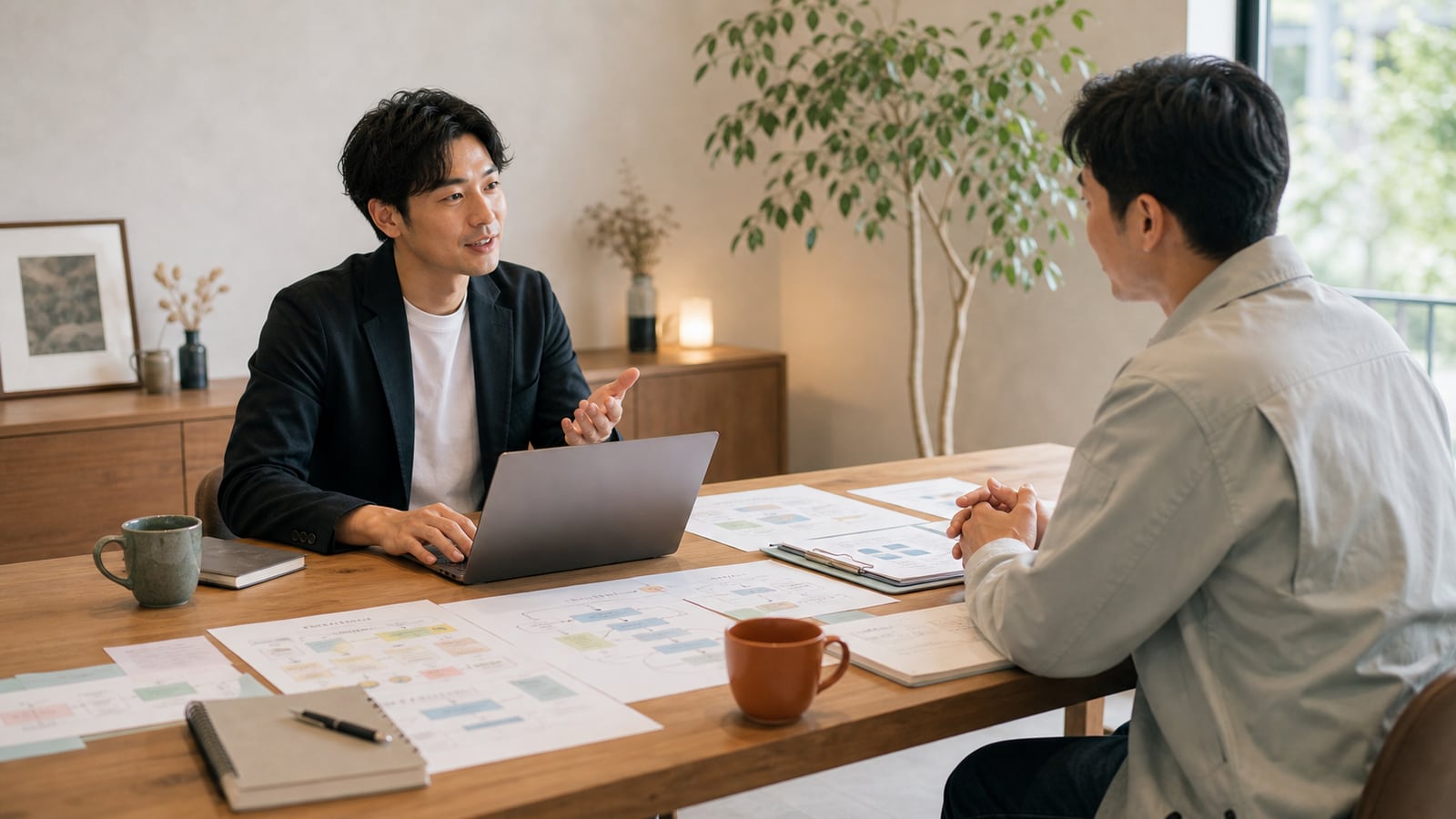業務資料を見ながら最初に整えるべき課題を相談する様子