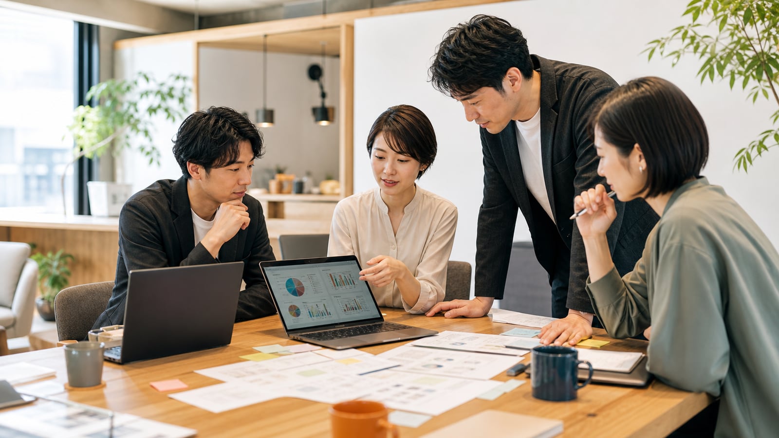 業務資料とダッシュボードを囲んで実装方針を確認する様子