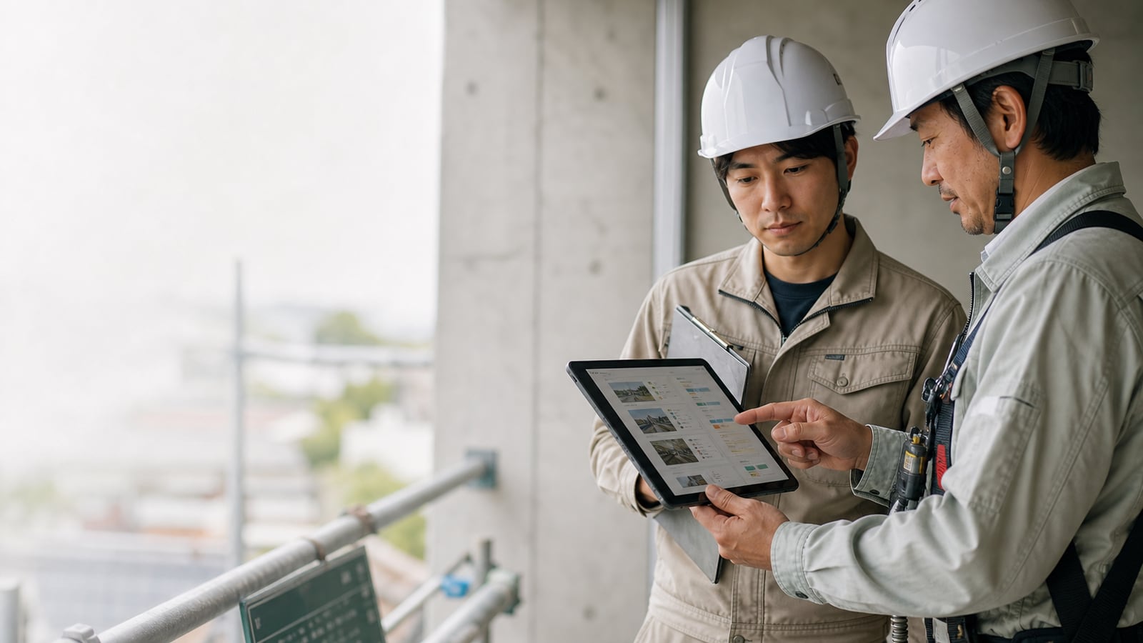 建築現場の資料と営業先情報を整理する様子