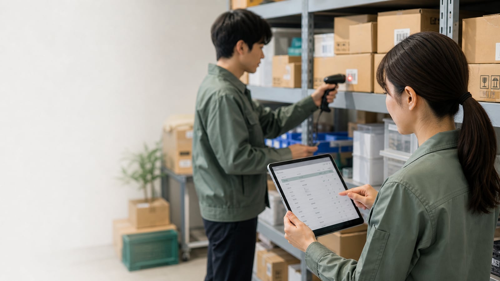 倉庫の商品在庫と販売データを見ながらD2C運営を整理する様子