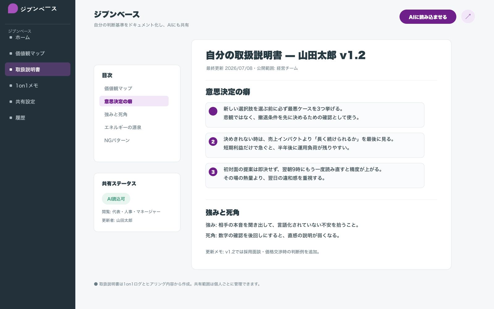 ジブンベースの取扱説明書画面。意思決定の癖や強みが構造化されている(ダミーデータの表示例)